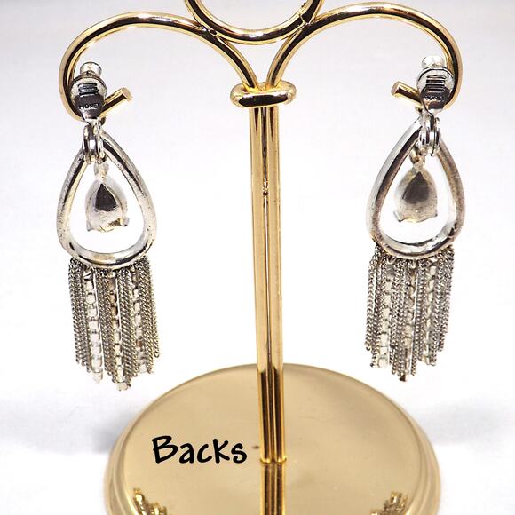 Vintage Monet Faux Opal Dangle Earrings Clear Rhinestones on Silver Tone - Picture 4 of 9